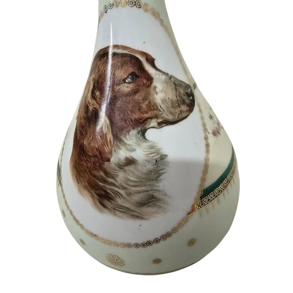 Antique Hand-Painted Porcelain Vase With Dog Portrait & Gold Detailing